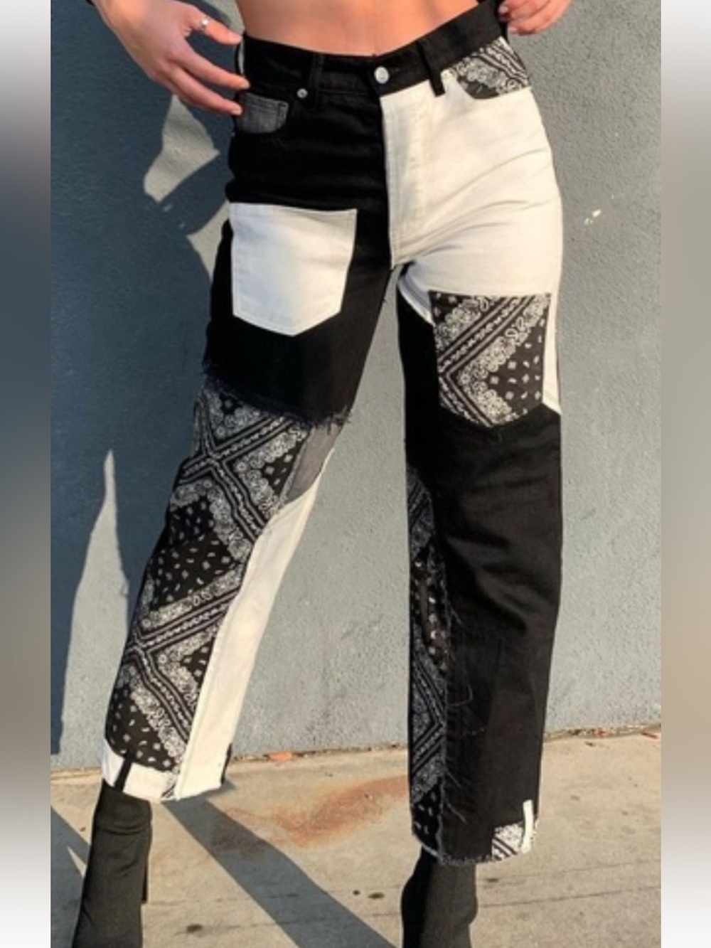 REVICE Black and White Patchwork Bandana matchmaker double up Jeans 27